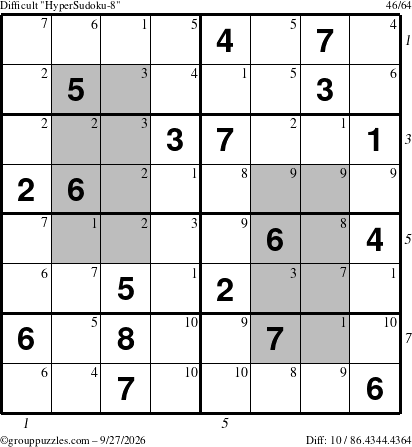 The grouppuzzles.com Difficult HyperSudoku-8 puzzle for Sunday September 27, 2026 with all 10 steps marked