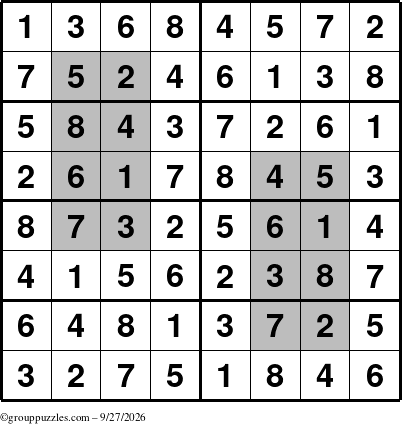 The grouppuzzles.com Answer grid for the HyperSudoku-8 puzzle for Sunday September 27, 2026