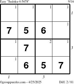 The grouppuzzles.com Easy Sudoku-4-5678 puzzle for Friday April 25, 2025, suitable for printing, with all 2 steps marked