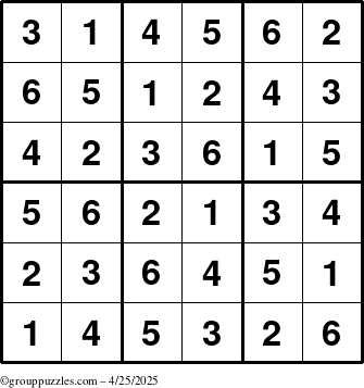 The grouppuzzles.com Answer grid for the Sudoku-6up puzzle for Friday April 25, 2025