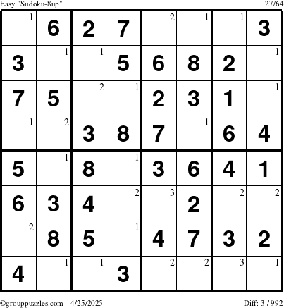 The grouppuzzles.com Easy Sudoku-8up puzzle for Friday April 25, 2025 with the first 3 steps marked