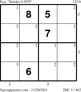 The grouppuzzles.com Easy Sudoku-4-5678 puzzle for Wednesday November 20, 2024, suitable for printing, with all 3 steps marked