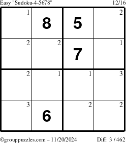 The grouppuzzles.com Easy Sudoku-4-5678 puzzle for Wednesday November 20, 2024 with the first 3 steps marked