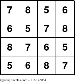 The grouppuzzles.com Answer grid for the Sudoku-4-5678 puzzle for Wednesday November 20, 2024