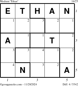 The grouppuzzles.com Medium Ethan puzzle for Wednesday November 20, 2024, suitable for printing, with all 4 steps marked