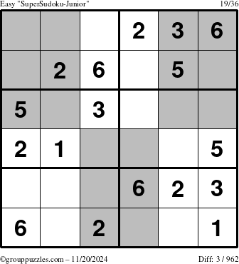 The grouppuzzles.com Easy SuperSudoku-Junior puzzle for Wednesday November 20, 2024