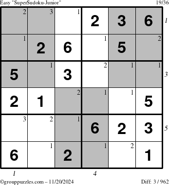 The grouppuzzles.com Easy SuperSudoku-Junior puzzle for Wednesday November 20, 2024 with all 3 steps marked