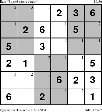 The grouppuzzles.com Easy SuperSudoku-Junior puzzle for Wednesday November 20, 2024 with the first 3 steps marked