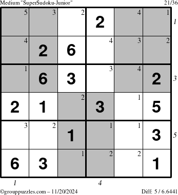 The grouppuzzles.com Medium SuperSudoku-Junior puzzle for Wednesday November 20, 2024 with all 5 steps marked