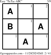 The grouppuzzles.com Easy TicTac-ABC puzzle for Wednesday November 20, 2024 with the first 2 steps marked