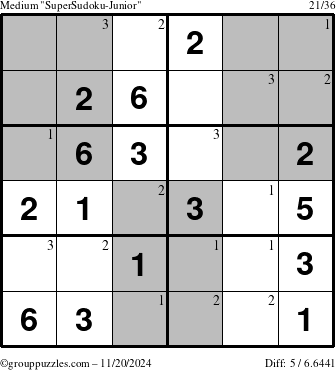 The grouppuzzles.com Medium SuperSudoku-Junior puzzle for Wednesday November 20, 2024 with the first 3 steps marked