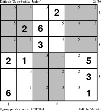 The grouppuzzles.com Difficult SuperSudoku-Junior puzzle for Wednesday November 20, 2024 with all 6 steps marked