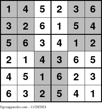 The grouppuzzles.com Answer grid for the SuperSudoku-Junior puzzle for Wednesday November 20, 2024