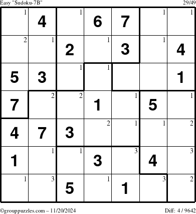 The grouppuzzles.com Easy Sudoku-7B puzzle for Wednesday November 20, 2024 with the first 3 steps marked