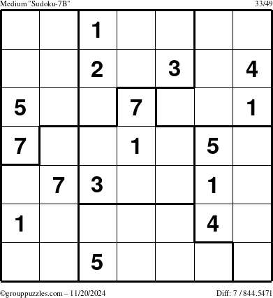 The grouppuzzles.com Medium Sudoku-7B puzzle for Wednesday November 20, 2024