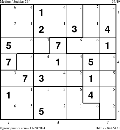 The grouppuzzles.com Medium Sudoku-7B puzzle for Wednesday November 20, 2024 with all 7 steps marked