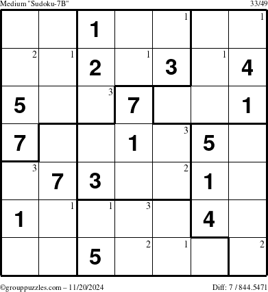 The grouppuzzles.com Medium Sudoku-7B puzzle for Wednesday November 20, 2024 with the first 3 steps marked