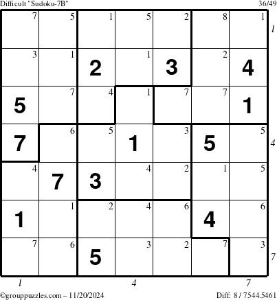 The grouppuzzles.com Difficult Sudoku-7B puzzle for Wednesday November 20, 2024, suitable for printing, with all 8 steps marked