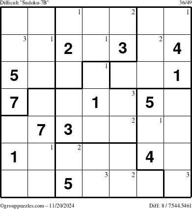 The grouppuzzles.com Difficult Sudoku-7B puzzle for Wednesday November 20, 2024 with the first 3 steps marked