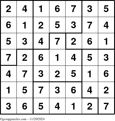 The grouppuzzles.com Answer grid for the Sudoku-7B puzzle for Wednesday November 20, 2024