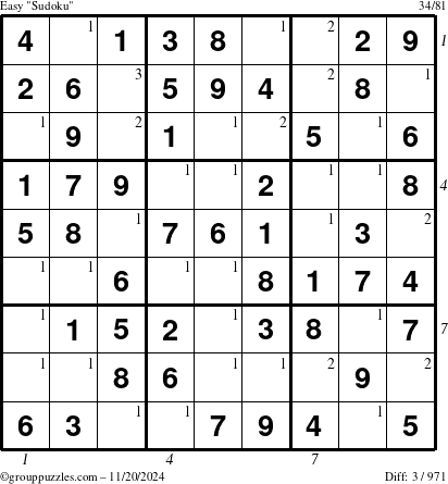 The grouppuzzles.com Easy Sudoku puzzle for Wednesday November 20, 2024 with all 3 steps marked