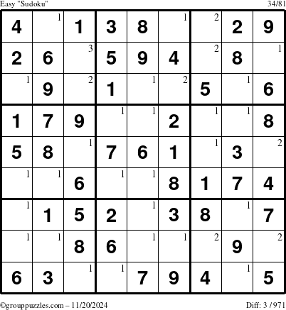 The grouppuzzles.com Easy Sudoku puzzle for Wednesday November 20, 2024 with the first 3 steps marked