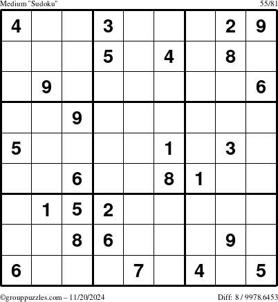 The grouppuzzles.com Medium Sudoku puzzle for Wednesday November 20, 2024