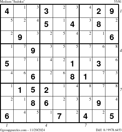 The grouppuzzles.com Medium Sudoku puzzle for Wednesday November 20, 2024, suitable for printing, with all 8 steps marked