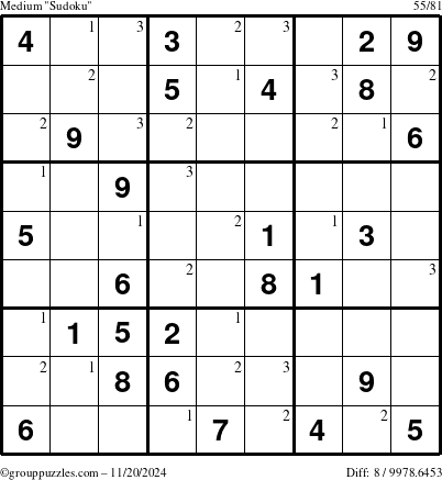 The grouppuzzles.com Medium Sudoku puzzle for Wednesday November 20, 2024 with the first 3 steps marked