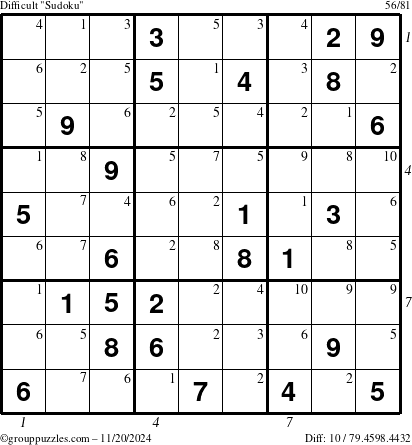 The grouppuzzles.com Difficult Sudoku puzzle for Wednesday November 20, 2024 with all 10 steps marked