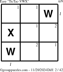 The grouppuzzles.com Easy TicTac-VWX puzzle for Wednesday November 20, 2024 with all 2 steps marked