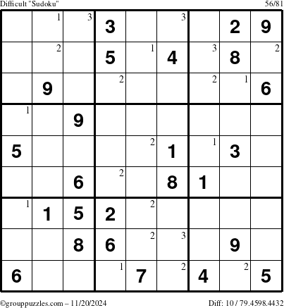 The grouppuzzles.com Difficult Sudoku puzzle for Wednesday November 20, 2024 with the first 3 steps marked