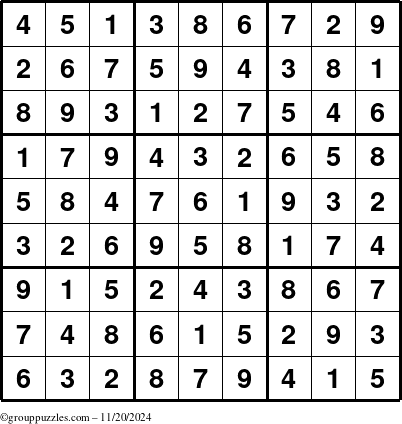 The grouppuzzles.com Answer grid for the Sudoku puzzle for Wednesday November 20, 2024