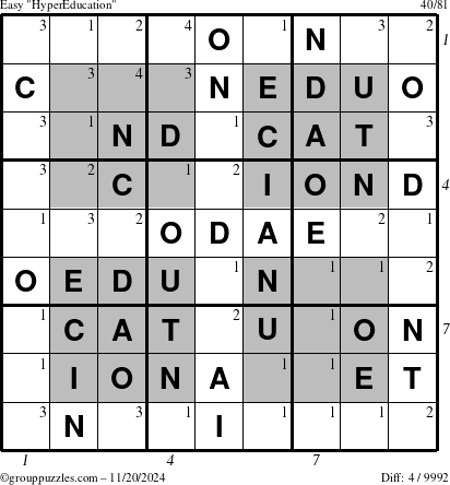 The grouppuzzles.com Easy HyperEducation-i23 puzzle for Wednesday November 20, 2024, suitable for printing, with all 4 steps marked