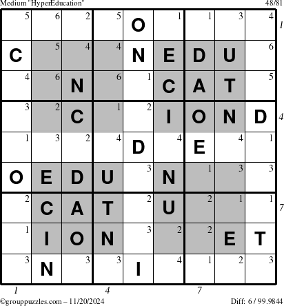 The grouppuzzles.com Medium HyperEducation-i23 puzzle for Wednesday November 20, 2024, suitable for printing, with all 6 steps marked