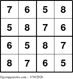 The grouppuzzles.com Answer grid for the Sudoku-4-5678 puzzle for Monday March 30, 2026