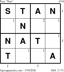 The grouppuzzles.com Easy Stan puzzle for Monday March 30, 2026, suitable for printing, with all 2 steps marked