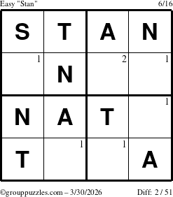 The grouppuzzles.com Easy Stan puzzle for Monday March 30, 2026 with the first 2 steps marked