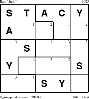 The grouppuzzles.com Easy Stacy puzzle for Monday March 30, 2026 with the first 3 steps marked