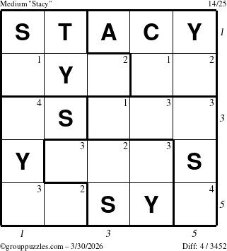 The grouppuzzles.com Medium Stacy puzzle for Monday March 30, 2026, suitable for printing, with all 4 steps marked
