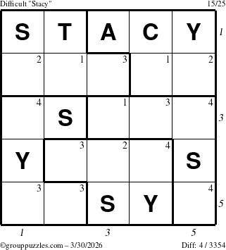 The grouppuzzles.com Difficult Stacy puzzle for Monday March 30, 2026, suitable for printing, with all 4 steps marked