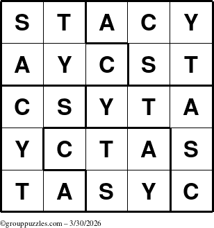 The grouppuzzles.com Answer grid for the Stacy puzzle for Monday March 30, 2026