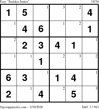 The grouppuzzles.com Easy Sudoku-Junior puzzle for Monday March 30, 2026 with the first 3 steps marked
