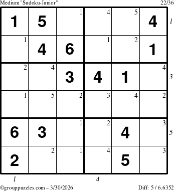 The grouppuzzles.com Medium Sudoku-Junior puzzle for Monday March 30, 2026 with all 5 steps marked