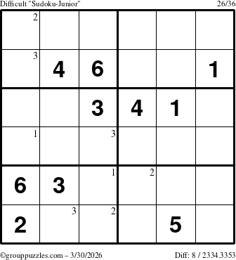 The grouppuzzles.com Difficult Sudoku-Junior puzzle for Monday March 30, 2026 with the first 3 steps marked
