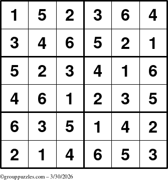 The grouppuzzles.com Answer grid for the Sudoku-Junior puzzle for Monday March 30, 2026