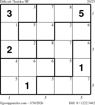The grouppuzzles.com Difficult Sudoku-5B puzzle for Monday March 30, 2026, suitable for printing, with all 8 steps marked