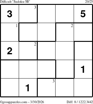 The grouppuzzles.com Difficult Sudoku-5B puzzle for Monday March 30, 2026 with the first 3 steps marked