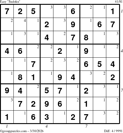 The grouppuzzles.com Easy Sudoku puzzle for Monday March 30, 2026 with all 4 steps marked