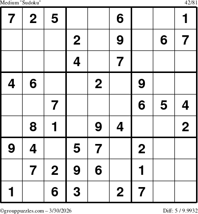 The grouppuzzles.com Medium Sudoku puzzle for Monday March 30, 2026